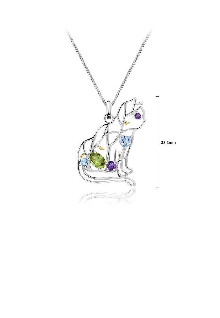 925 Sterling Silver Fashion Cute Hollow Cat Pendant with Natural Gemstones and Necklace