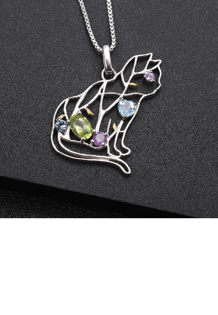 925 Sterling Silver Fashion Cute Hollow Cat Pendant with Natural Gemstones and Necklace