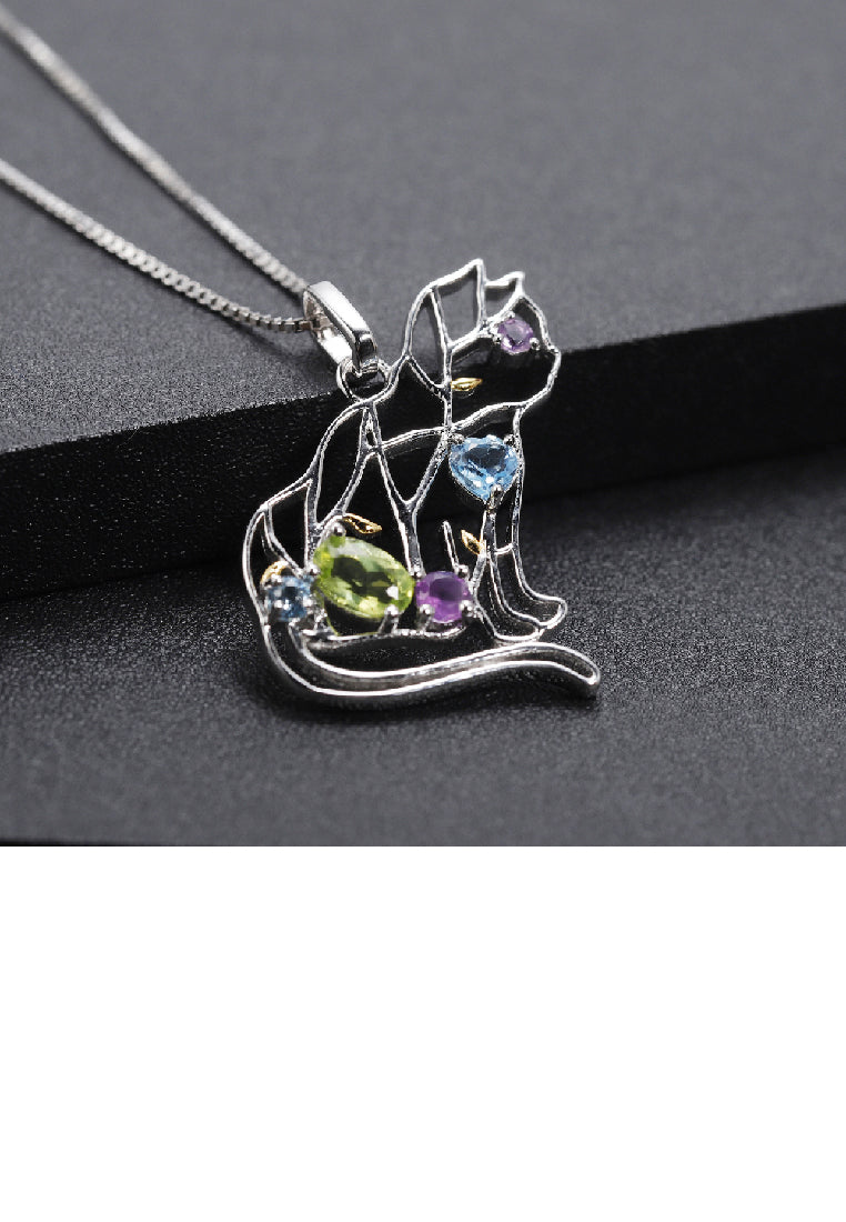 925 Sterling Silver Fashion Cute Hollow Cat Pendant with Natural Gemstones and Necklace