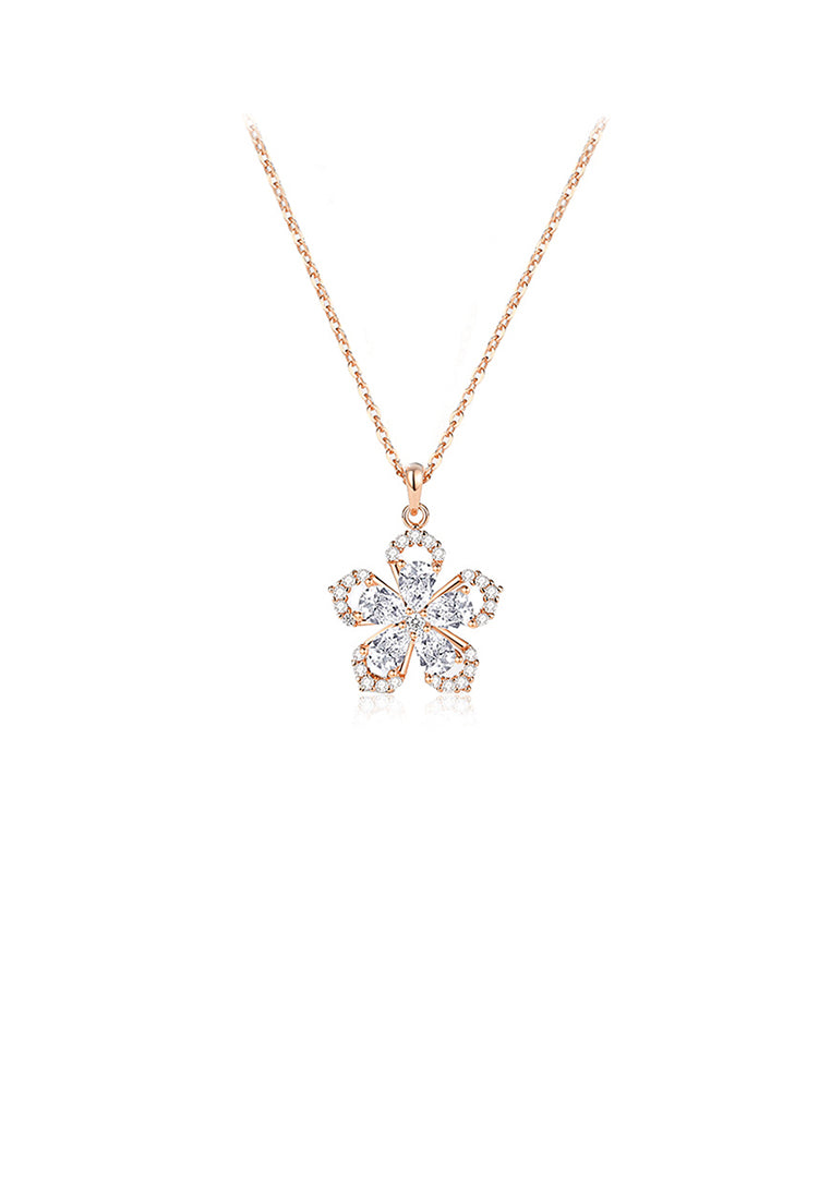 925 Sterling Silver Plated Rose Gold Fashion Bright Flower Pendant with Cubic Zirconia and Necklace - Luxurious Look