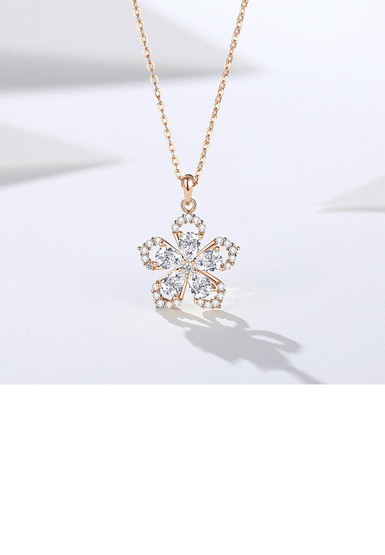 925 Sterling Silver Plated Rose Gold Fashion Bright Flower Pendant with Cubic Zirconia and Necklace - Luxurious Look