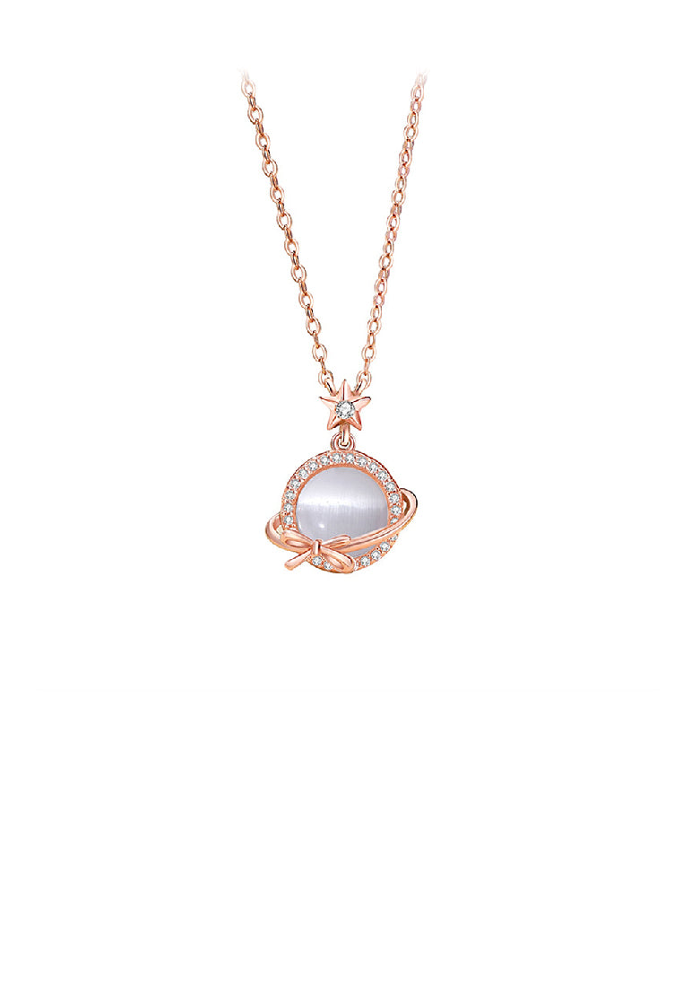 925 Sterling Silver Plated Rose Gold Simple Sweet Ribbon Planet Imitation Opal Pendant with Cubic Zirconia and Necklace - Luxurious Look