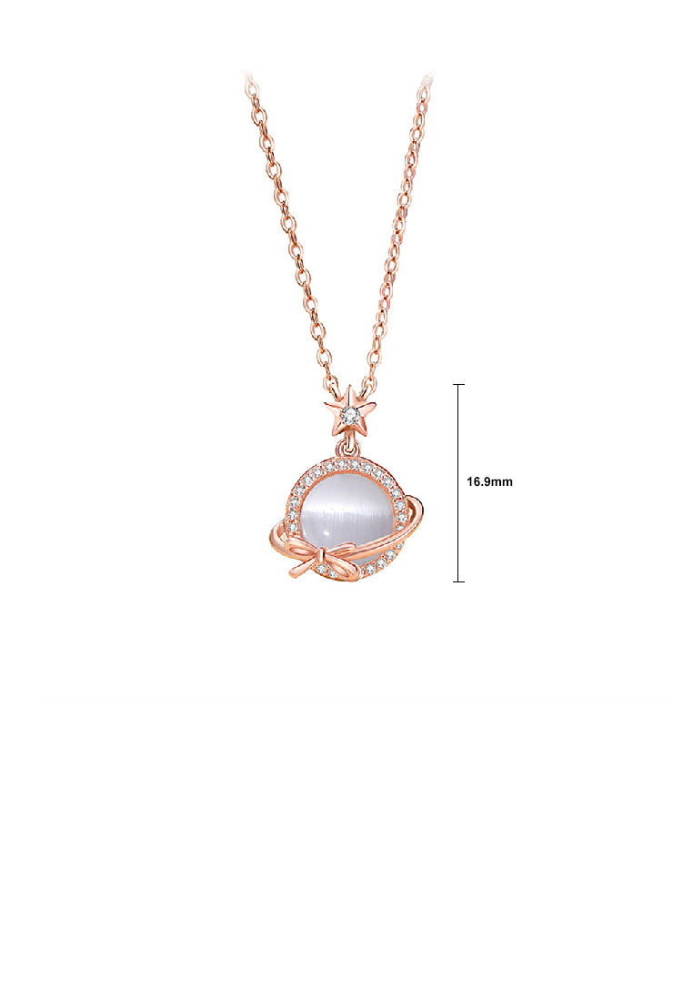 925 Sterling Silver Plated Rose Gold Simple Sweet Ribbon Planet Imitation Opal Pendant with Cubic Zirconia and Necklace - Luxurious Look