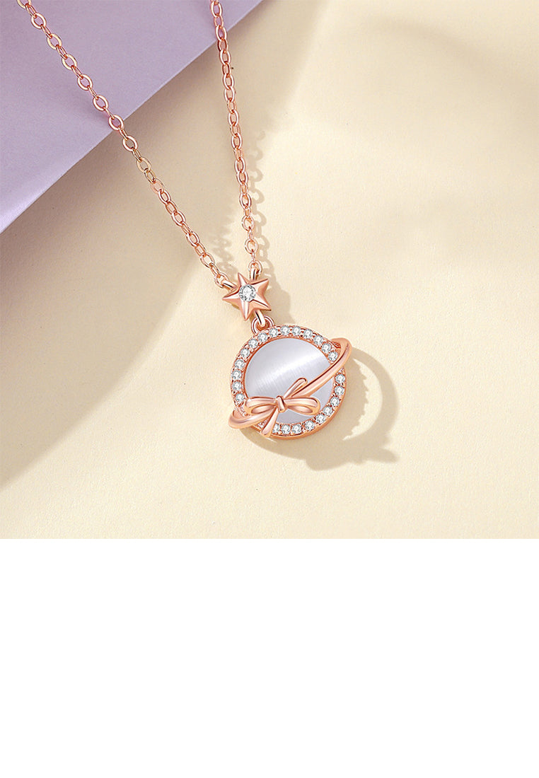 925 Sterling Silver Plated Rose Gold Simple Sweet Ribbon Planet Imitation Opal Pendant with Cubic Zirconia and Necklace - Luxurious Look