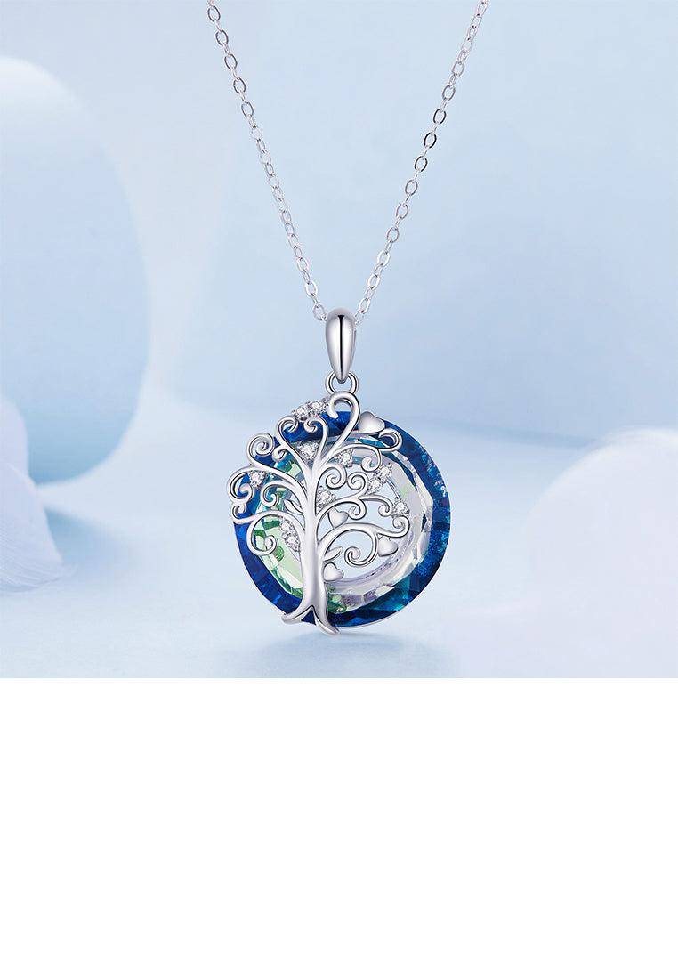 925 Sterling Silver Fashion Temperament Tree Of Life Blue Ring Pendant with Cubic Zirconia and Necklace - Luxurious Look