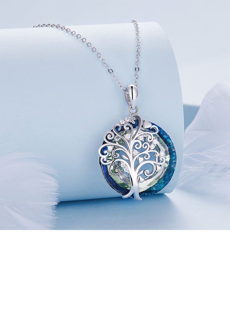 925 Sterling Silver Fashion Temperament Tree Of Life Blue Ring Pendant with Cubic Zirconia and Necklace - Luxurious Look