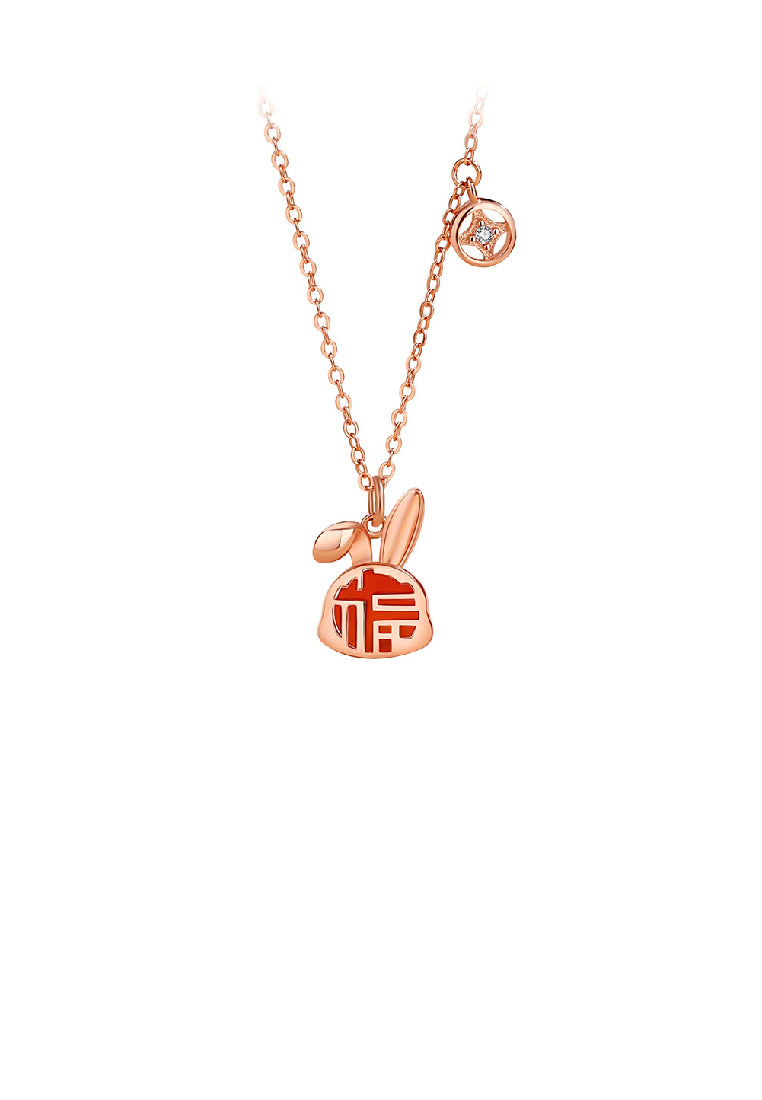 925 Sterling Silver Plated Rose Gold Fashion Vintage Blessing Rabbit Pendant with Imitation Agate and Necklace