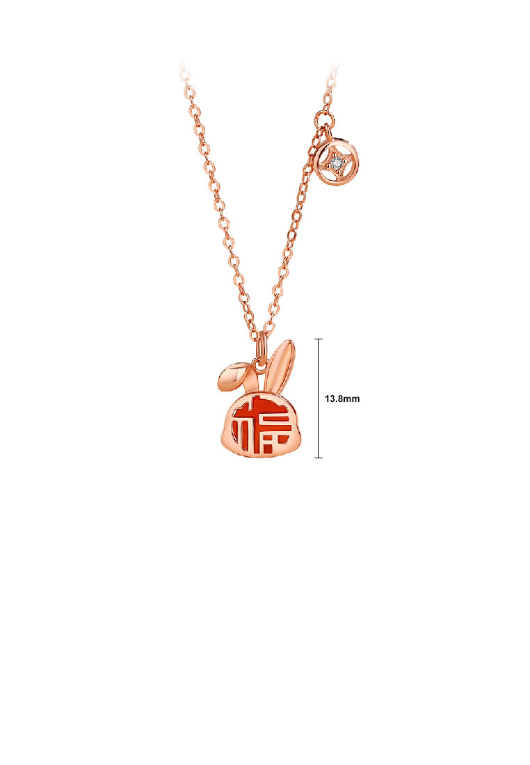 925 Sterling Silver Plated Rose Gold Fashion Vintage Blessing Rabbit Pendant with Imitation Agate and Necklace