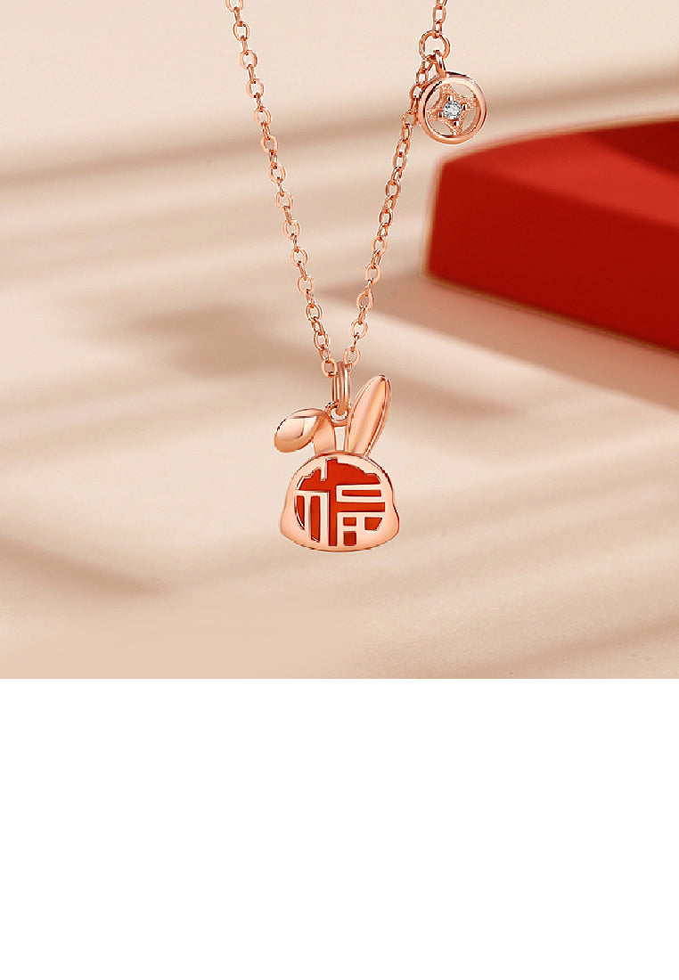 925 Sterling Silver Plated Rose Gold Fashion Vintage Blessing Rabbit Pendant with Imitation Agate and Necklace