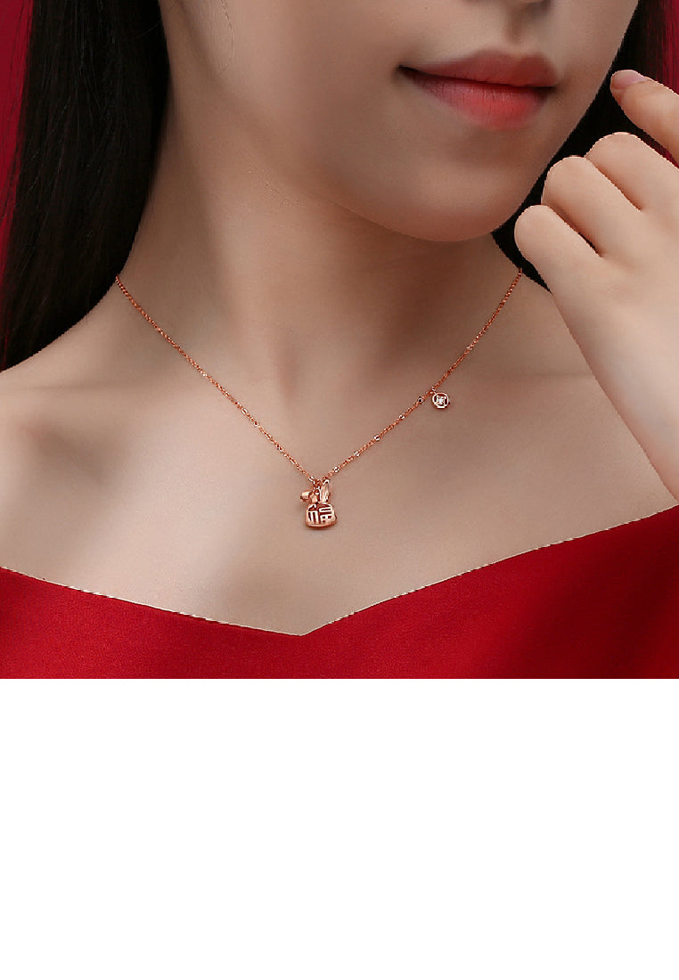 925 Sterling Silver Plated Rose Gold Fashion Vintage Blessing Rabbit Pendant with Imitation Agate and Necklace