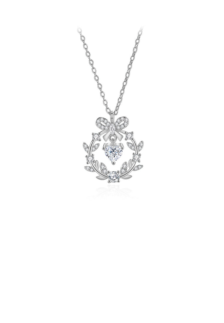 925 Sterling Silver Fashion Ribbon Flower Pendant with Cubic Zirconia and Necklace - Luxurious Look