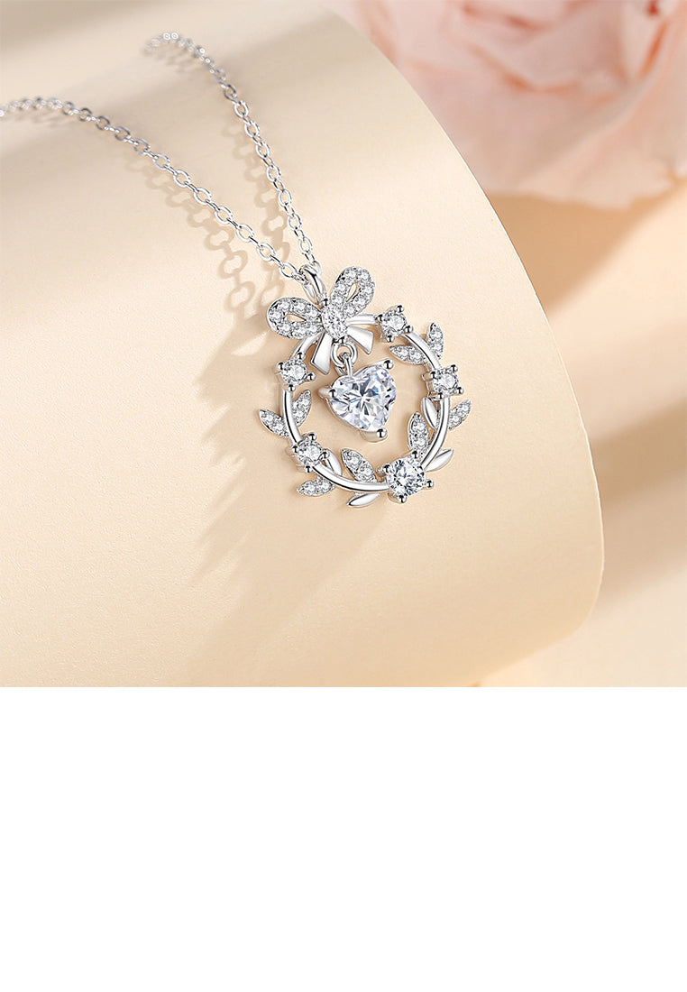 925 Sterling Silver Fashion Ribbon Flower Pendant with Cubic Zirconia and Necklace - Luxurious Look