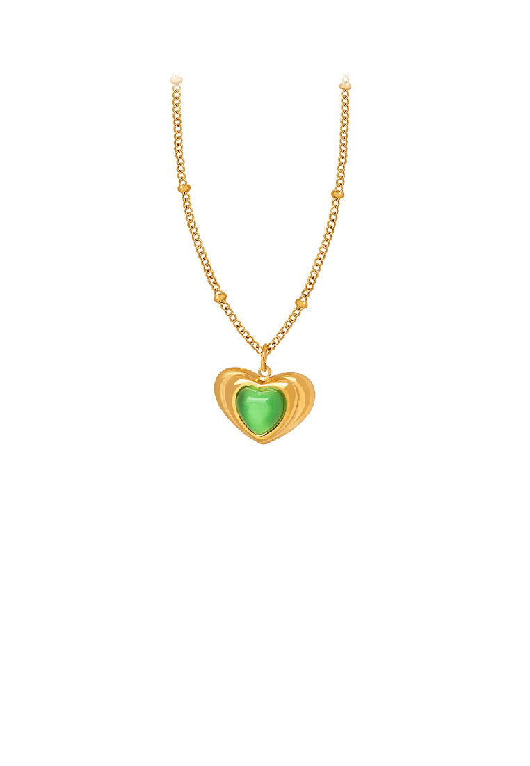 Fashion Simple Plated Gold 316L Stainless Steel Heart Shape Green Imitation Opal Pendant with Necklace