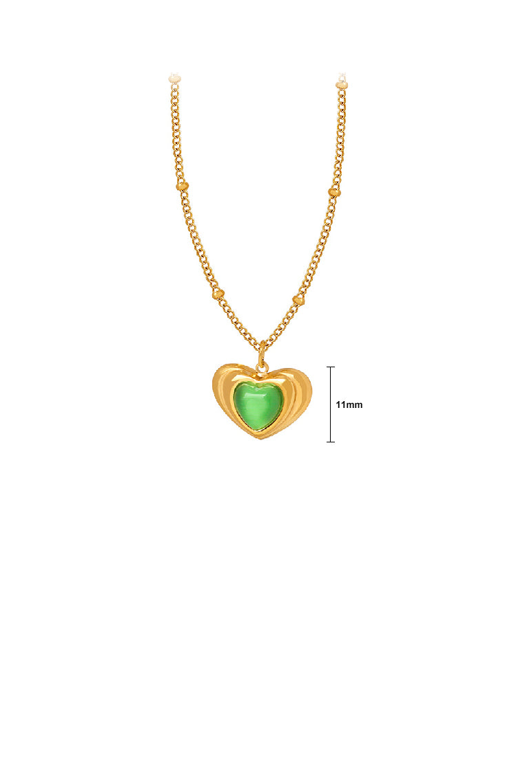 Fashion Simple Plated Gold 316L Stainless Steel Heart Shape Green Imitation Opal Pendant with Necklace