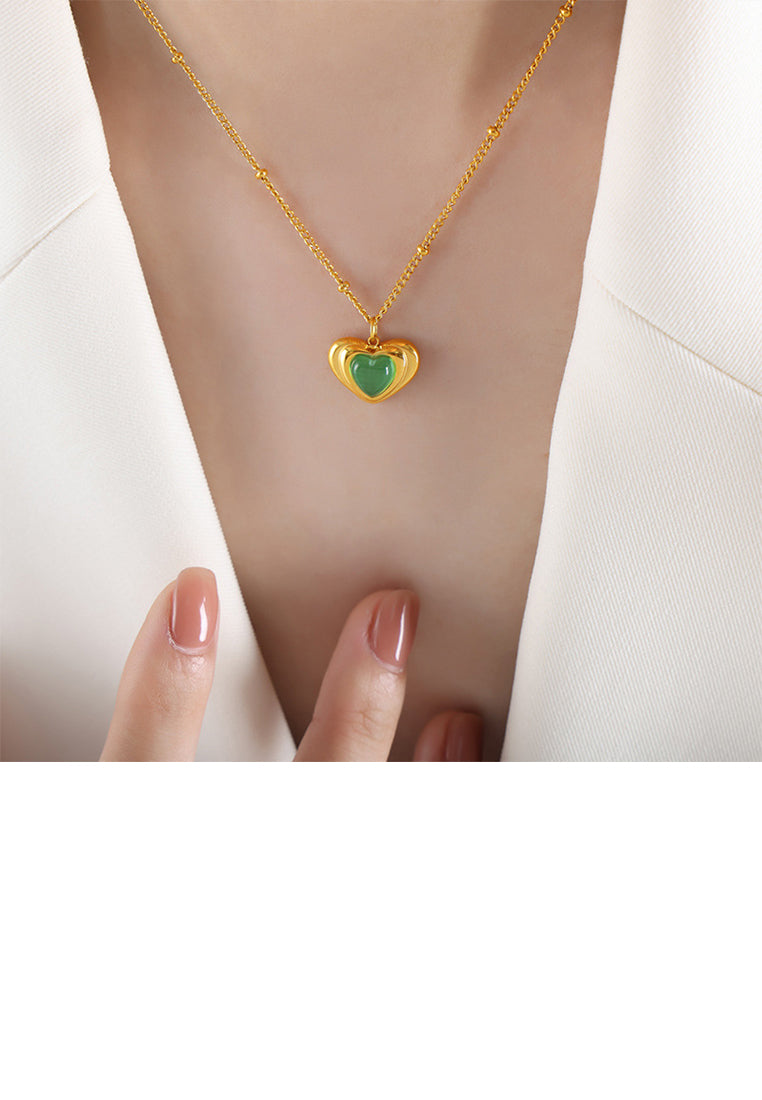 Fashion Simple Plated Gold 316L Stainless Steel Heart Shape Green Imitation Opal Pendant with Necklace