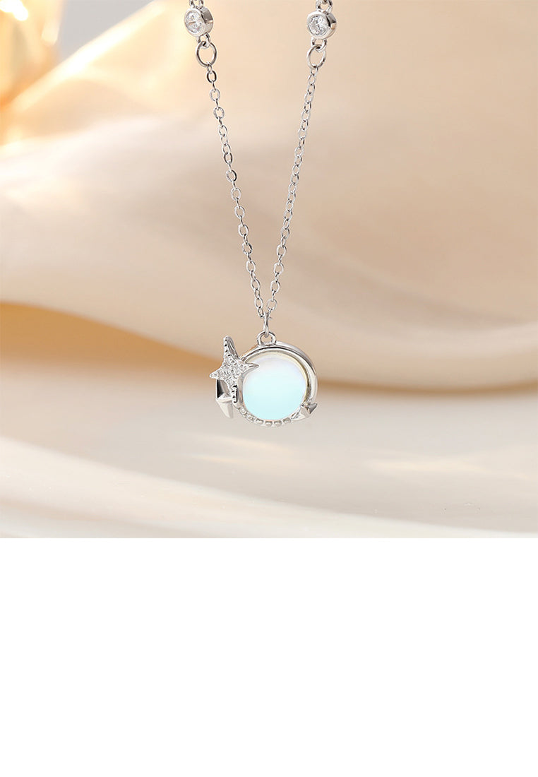 925 Sterling Silver Fashion Creative Star Moonstone Pendant with Cubic Zirconia and Necklace - Luxurious Look