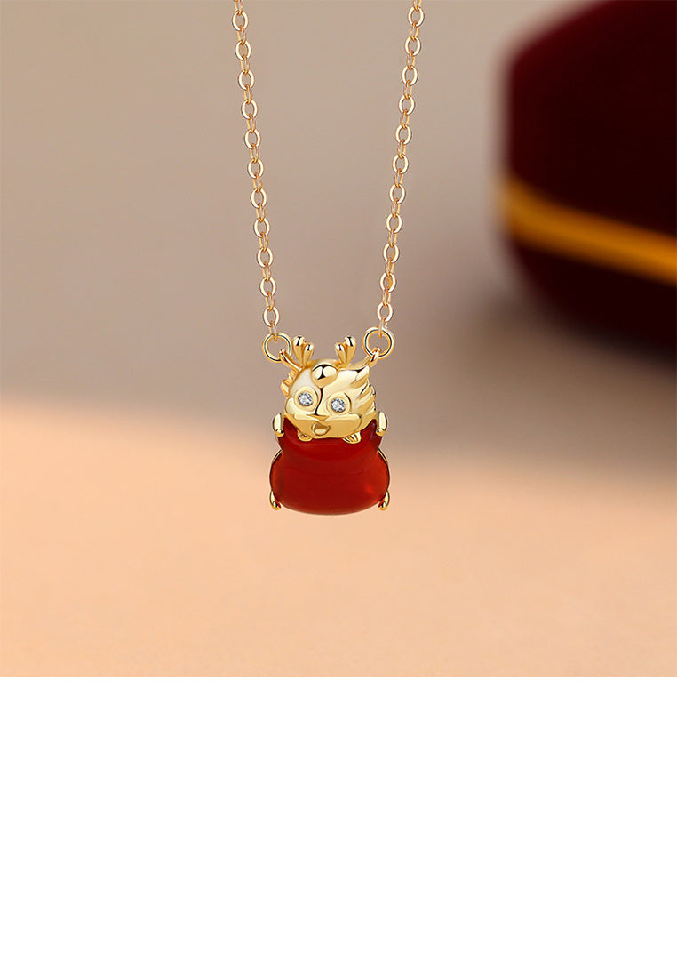 925 Sterling Silver Plated Gold Fashion Vintage Zodiac Dragon Imitation Agate Pendant with Cubic Zirconia and Necklace - Luxurious Look