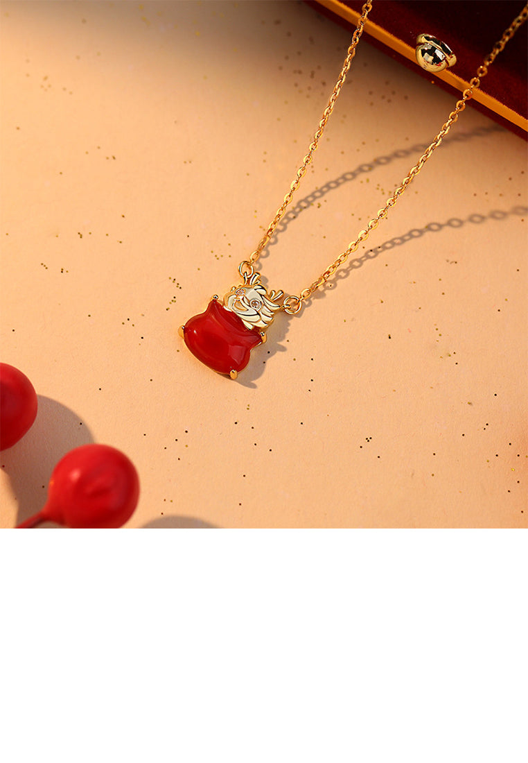 925 Sterling Silver Plated Gold Fashion Vintage Zodiac Dragon Imitation Agate Pendant with Cubic Zirconia and Necklace - Luxurious Look