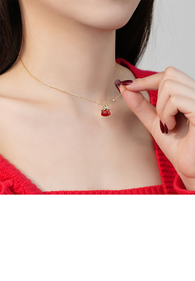 925 Sterling Silver Plated Gold Fashion Vintage Zodiac Dragon Imitation Agate Pendant with Cubic Zirconia and Necklace - Luxurious Look