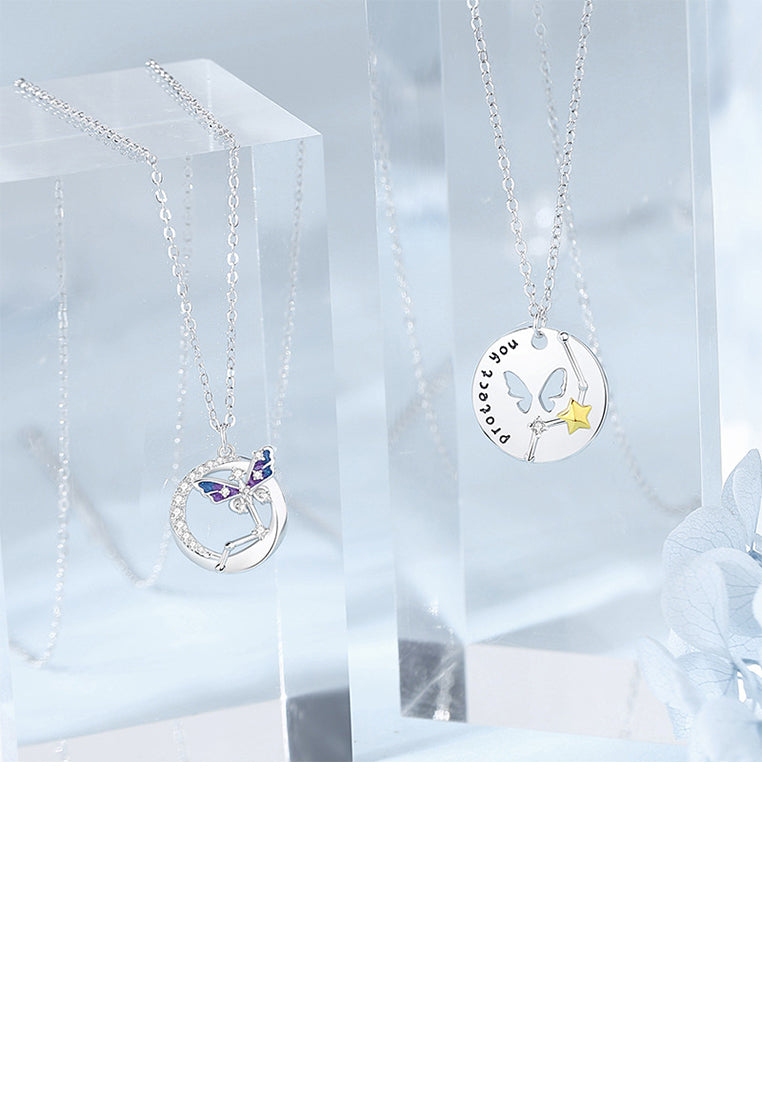 925 Sterling Silver Fashion and Elegant Hollow Butterfly Star Geometric Round Pendant with Cubic Zirconia and Necklace - Luxurious Look