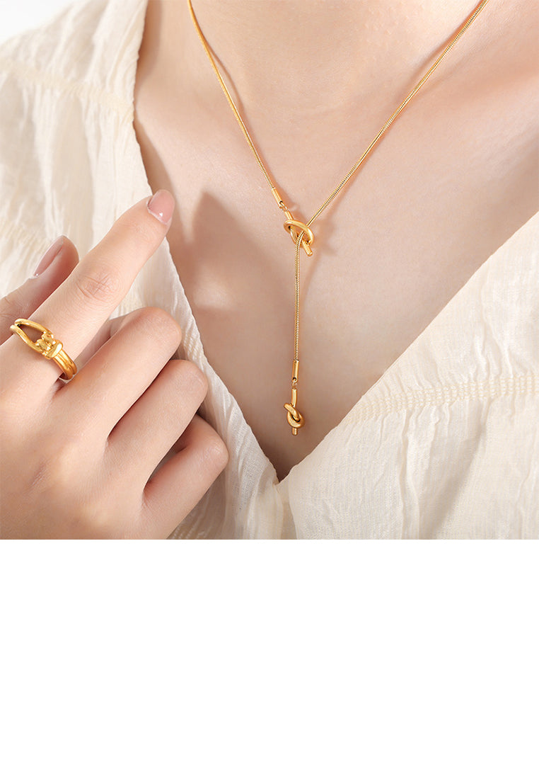 Simple and Fashion Plated Gold 316L Stainless Steel Rope Knot Tassel Pendant with Necklace