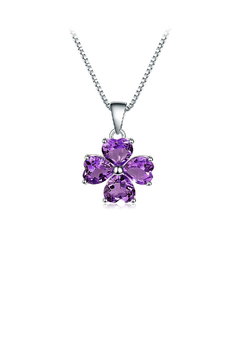 925 Sterling Silver Fashion Four-leafed Clover Amethyst Pendant with Necklace
