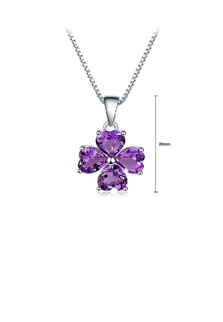 925 Sterling Silver Fashion Four-leafed Clover Amethyst Pendant with Necklace
