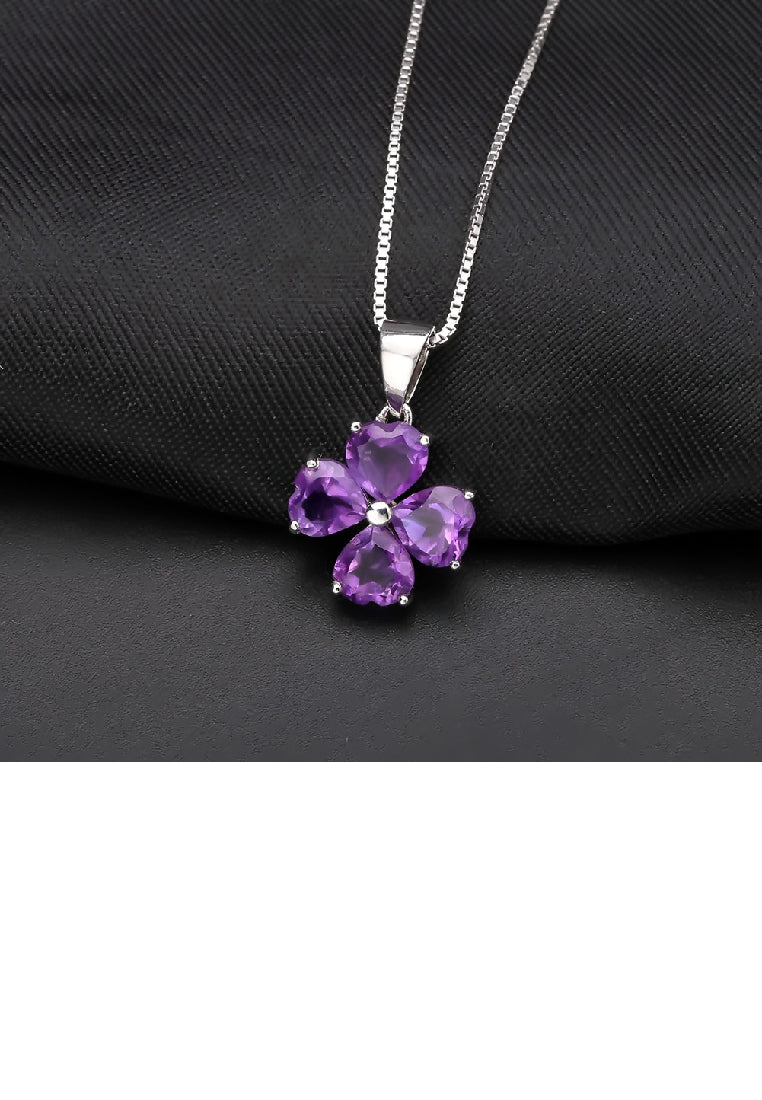 925 Sterling Silver Fashion Four-leafed Clover Amethyst Pendant with Necklace
