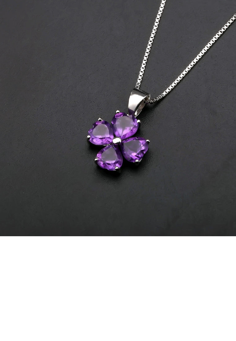 925 Sterling Silver Fashion Four-leafed Clover Amethyst Pendant with Necklace