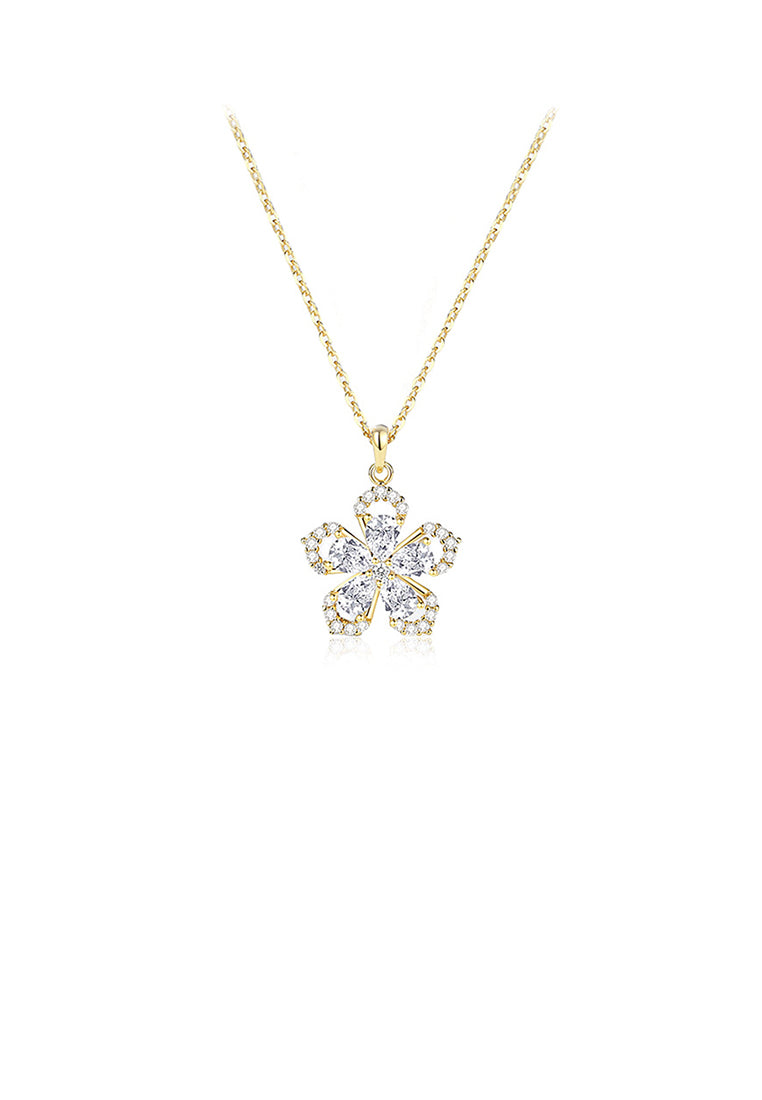 925 Sterling Silver Plated Gold Fashion Bright Flower Pendant with Cubic Zirconia and Necklace - Luxurious Look