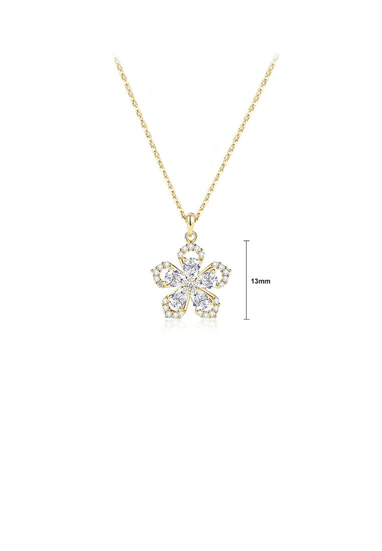 925 Sterling Silver Plated Gold Fashion Bright Flower Pendant with Cubic Zirconia and Necklace - Luxurious Look
