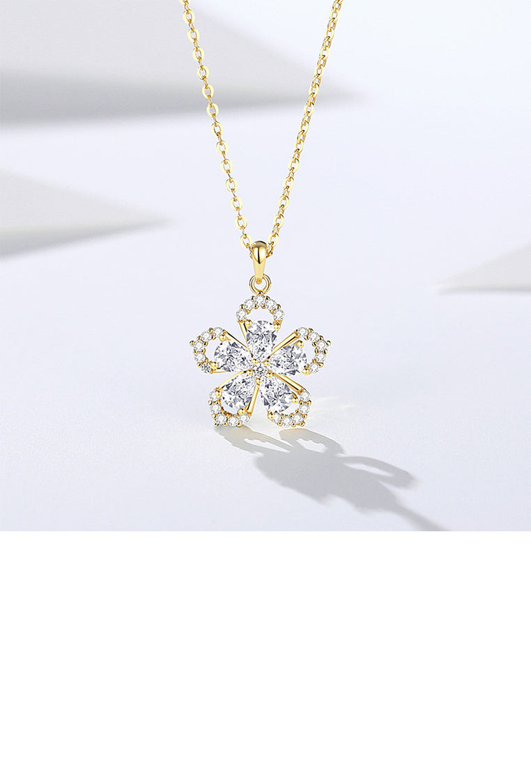 925 Sterling Silver Plated Gold Fashion Bright Flower Pendant with Cubic Zirconia and Necklace - Luxurious Look