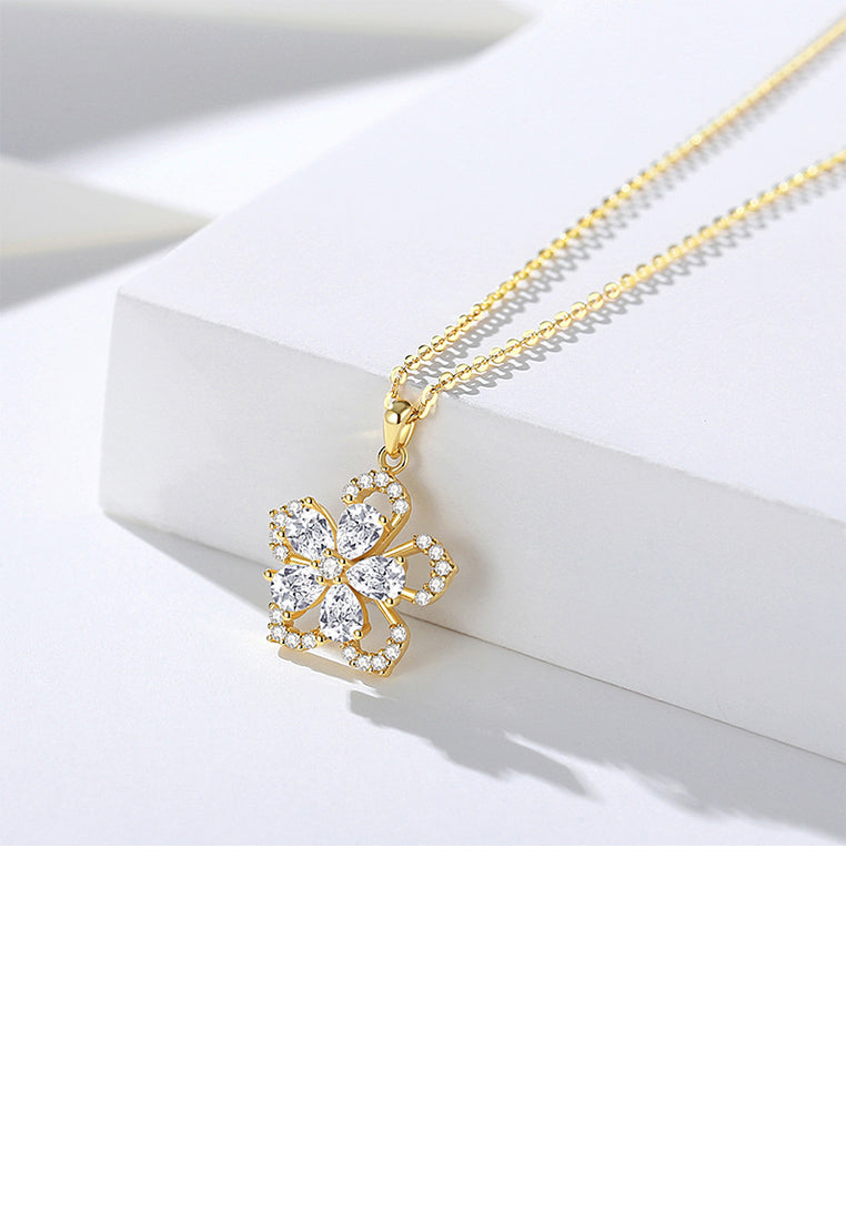 925 Sterling Silver Plated Gold Fashion Bright Flower Pendant with Cubic Zirconia and Necklace - Luxurious Look