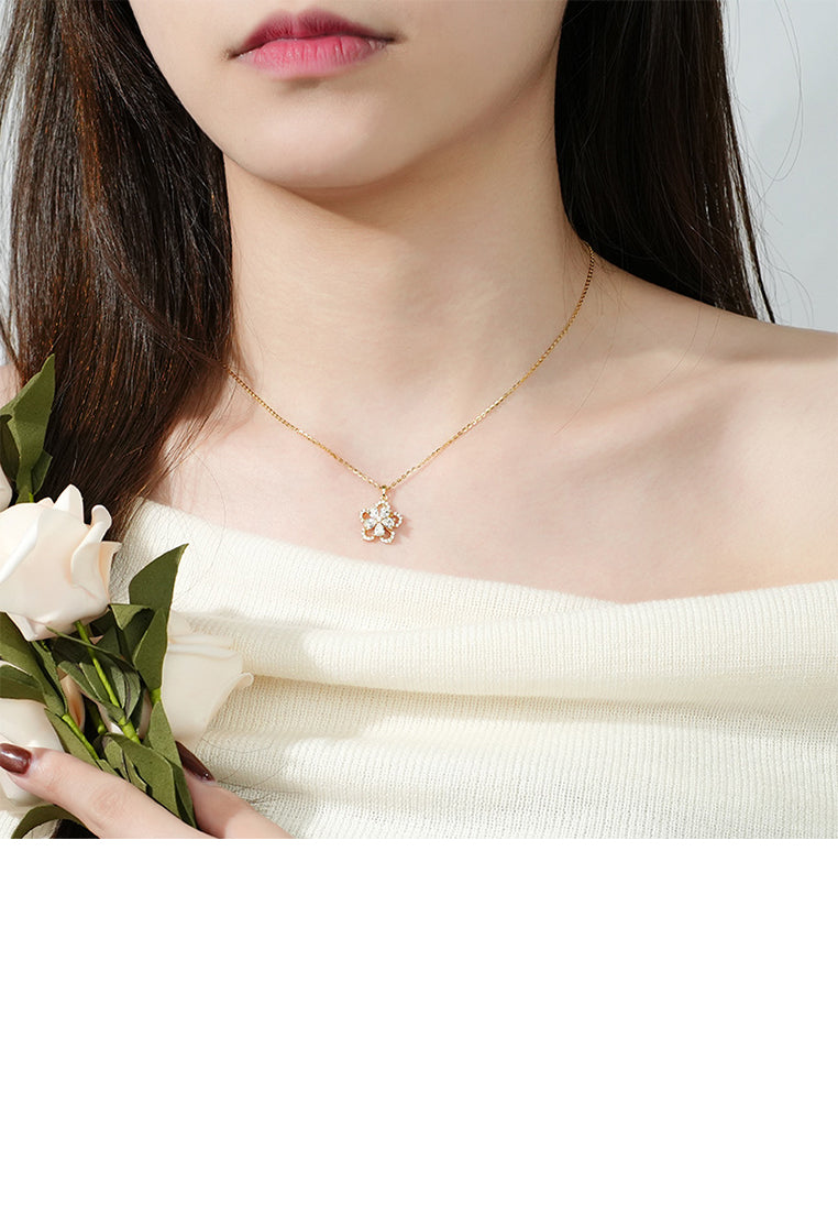 925 Sterling Silver Plated Gold Fashion Bright Flower Pendant with Cubic Zirconia and Necklace - Luxurious Look