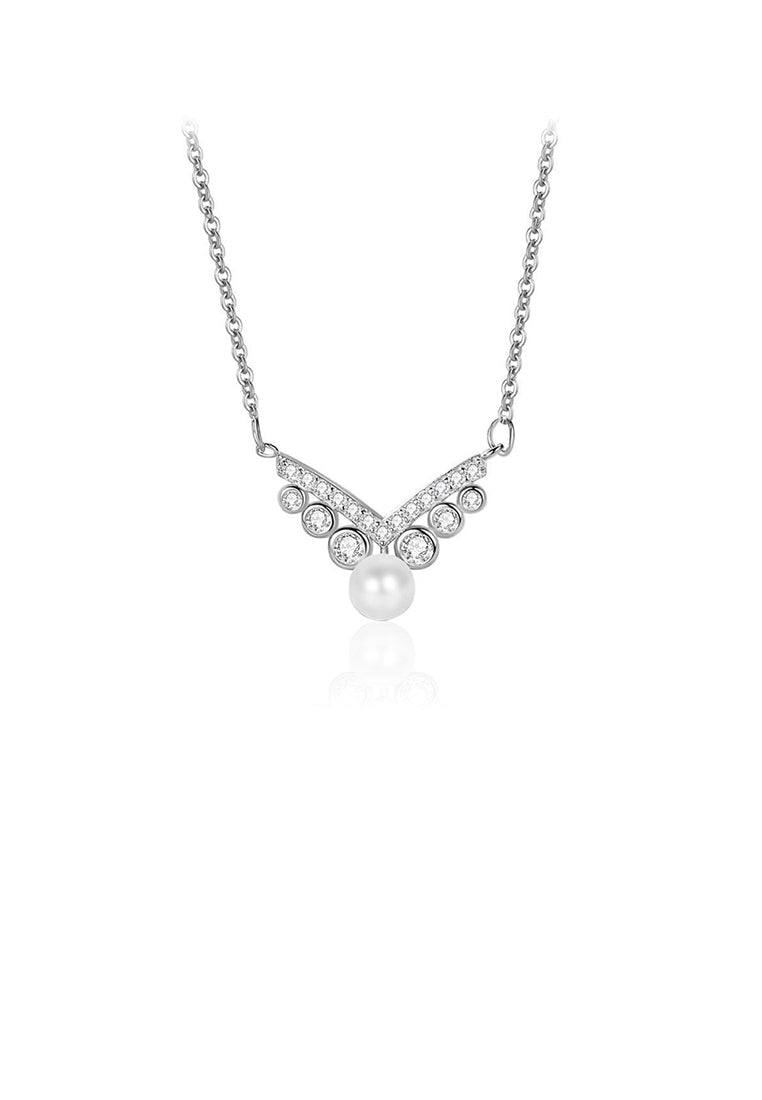 925 Sterling Silver Fashion and Elegant V-shaped Imitation Pearl Pendant with Cubic Zirconia and Necklace - Luxurious Look