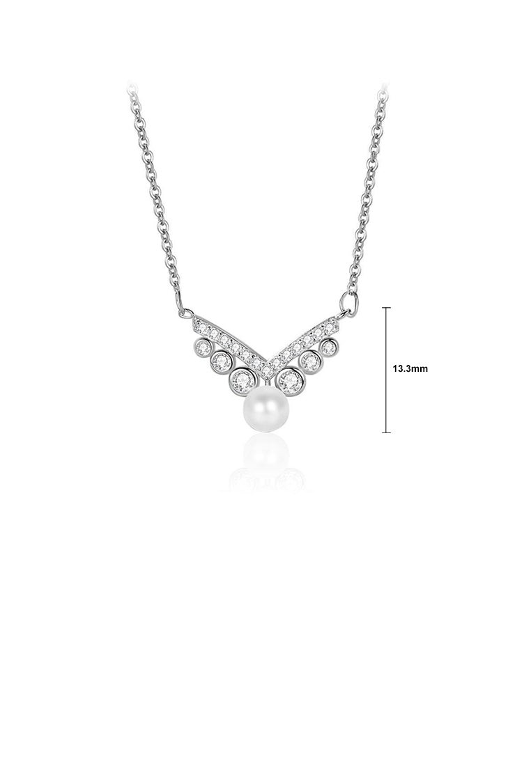 925 Sterling Silver Fashion and Elegant V-shaped Imitation Pearl Pendant with Cubic Zirconia and Necklace - Luxurious Look