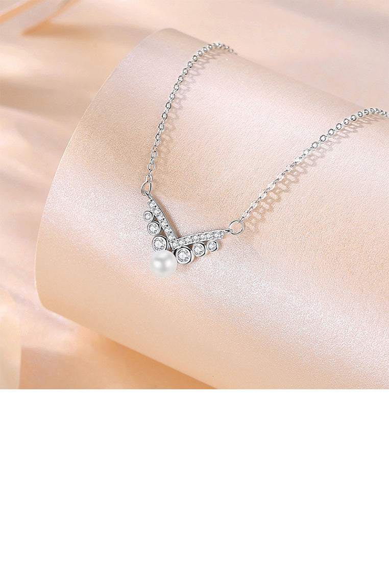 925 Sterling Silver Fashion and Elegant V-shaped Imitation Pearl Pendant with Cubic Zirconia and Necklace - Luxurious Look