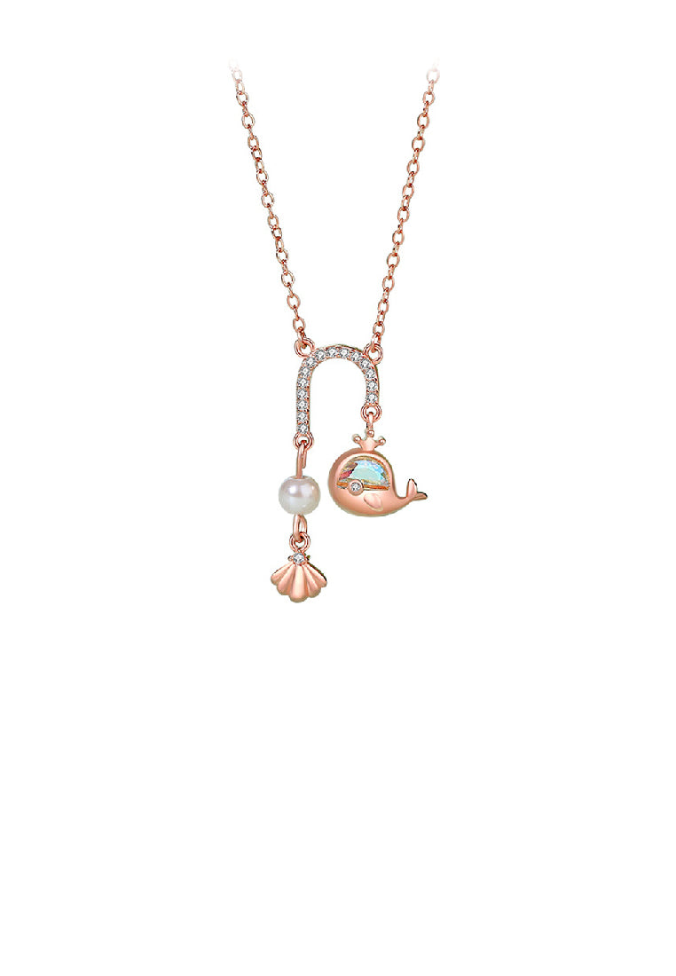 925 Sterling Silver Plated Rose Gold Fashion Temperament Whale U-shaped Tassel Pendant with Cubic Zirconia and Necklace - Luxurious Look