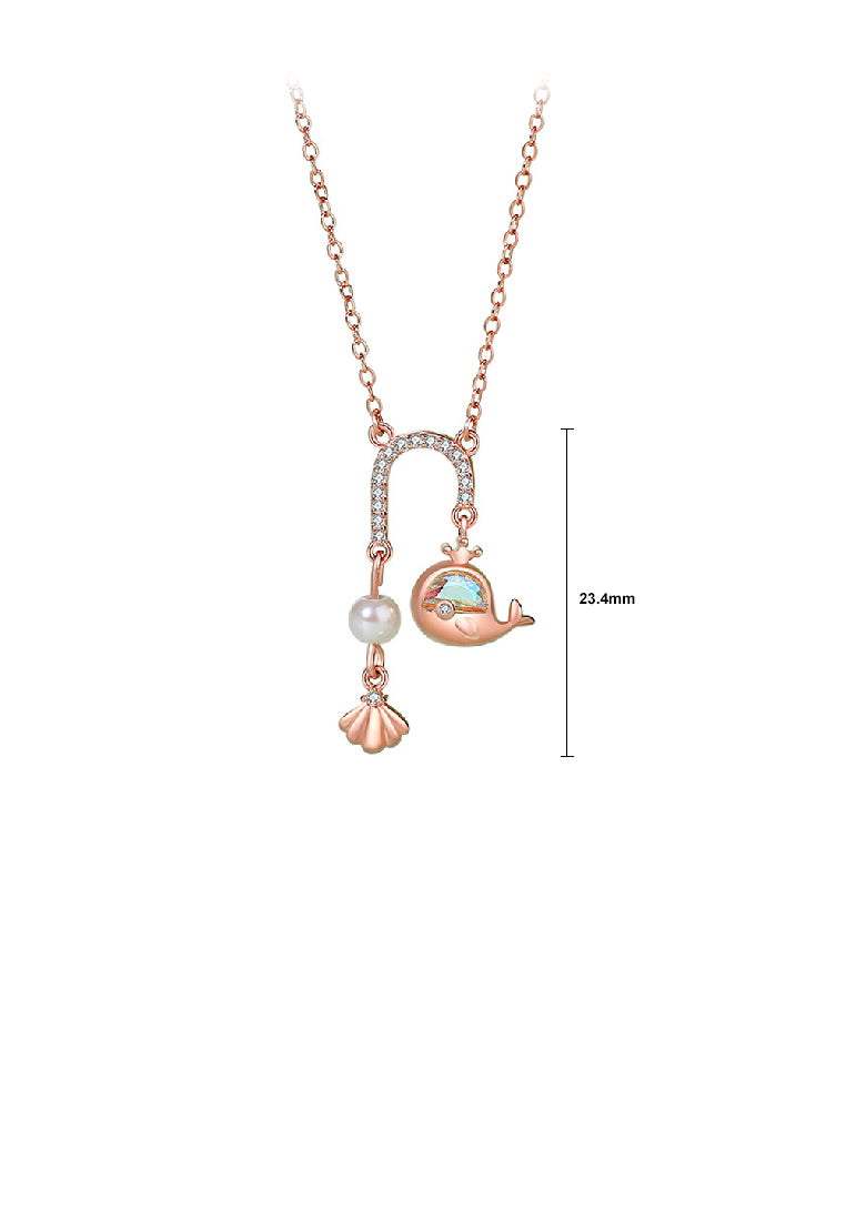 925 Sterling Silver Plated Rose Gold Fashion Temperament Whale U-shaped Tassel Pendant with Cubic Zirconia and Necklace - Luxurious Look