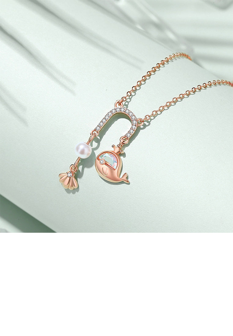 925 Sterling Silver Plated Rose Gold Fashion Temperament Whale U-shaped Tassel Pendant with Cubic Zirconia and Necklace - Luxurious Look