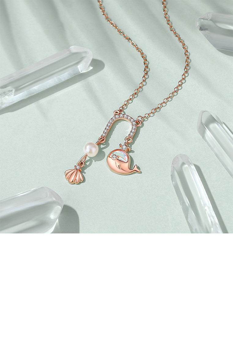 925 Sterling Silver Plated Rose Gold Fashion Temperament Whale U-shaped Tassel Pendant with Cubic Zirconia and Necklace - Luxurious Look