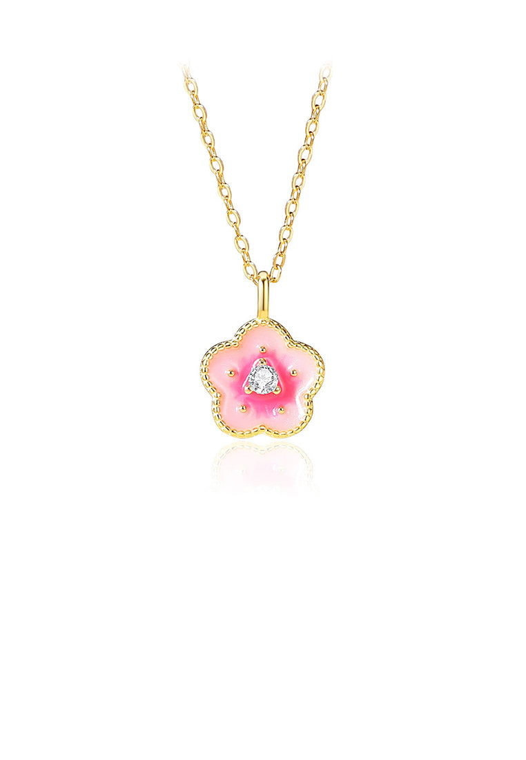 925 Sterling Silver Plated Gold Fashion Temperament Enamel Flower Pendant with Cubic Zirconia and Necklace - Luxurious Look