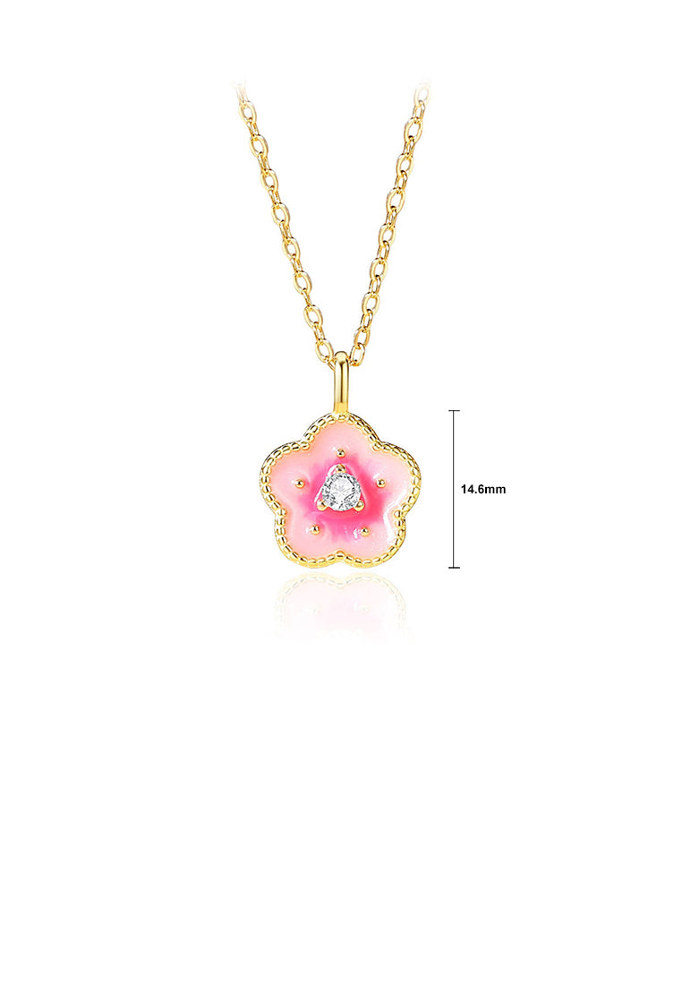 925 Sterling Silver Plated Gold Fashion Temperament Enamel Flower Pendant with Cubic Zirconia and Necklace - Luxurious Look