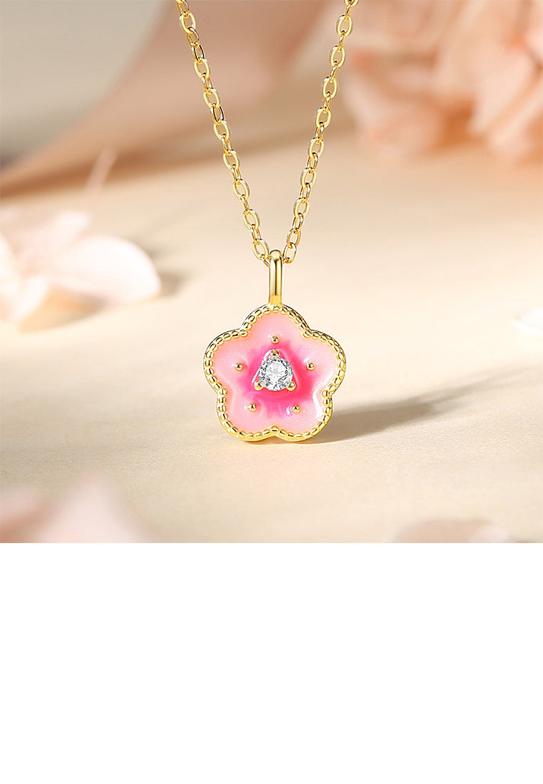 925 Sterling Silver Plated Gold Fashion Temperament Enamel Flower Pendant with Cubic Zirconia and Necklace - Luxurious Look