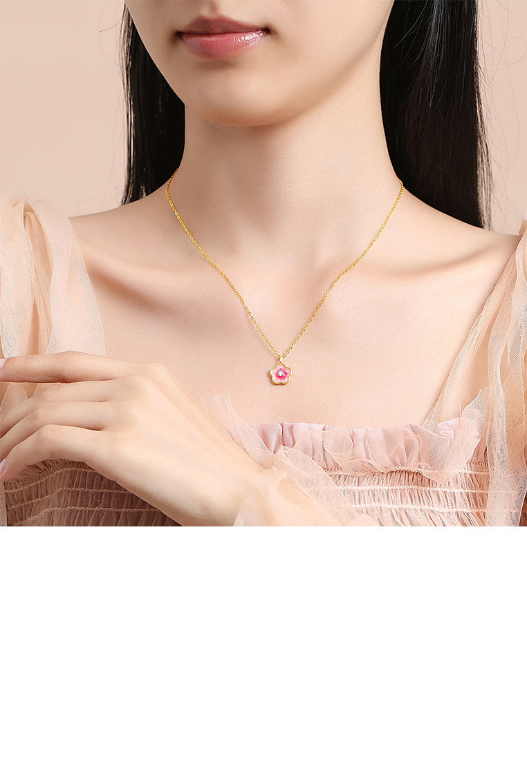 925 Sterling Silver Plated Gold Fashion Temperament Enamel Flower Pendant with Cubic Zirconia and Necklace - Luxurious Look