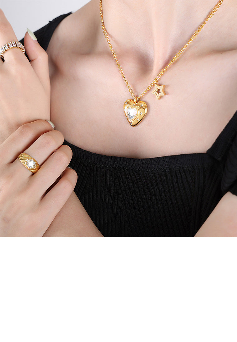 Fashion and Romantic Plated Gold 316L Stainless Steel Heart-shaped Star Pendant with White Cubic Zirconia and Necklace - Luxurious Look