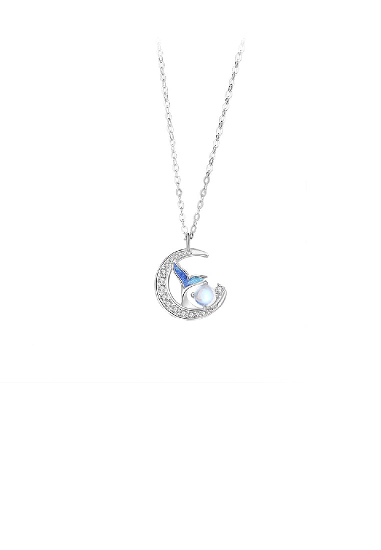 925 Sterling Silver Fashion Romantic Enamel Fishtail Moon Moonstone Couple Pendant with Cubic Zirconia and Necklace For Women - Luxurious Look