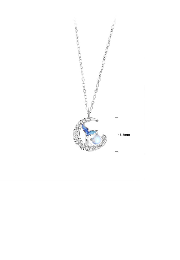925 Sterling Silver Fashion Romantic Enamel Fishtail Moon Moonstone Couple Pendant with Cubic Zirconia and Necklace For Women - Luxurious Look
