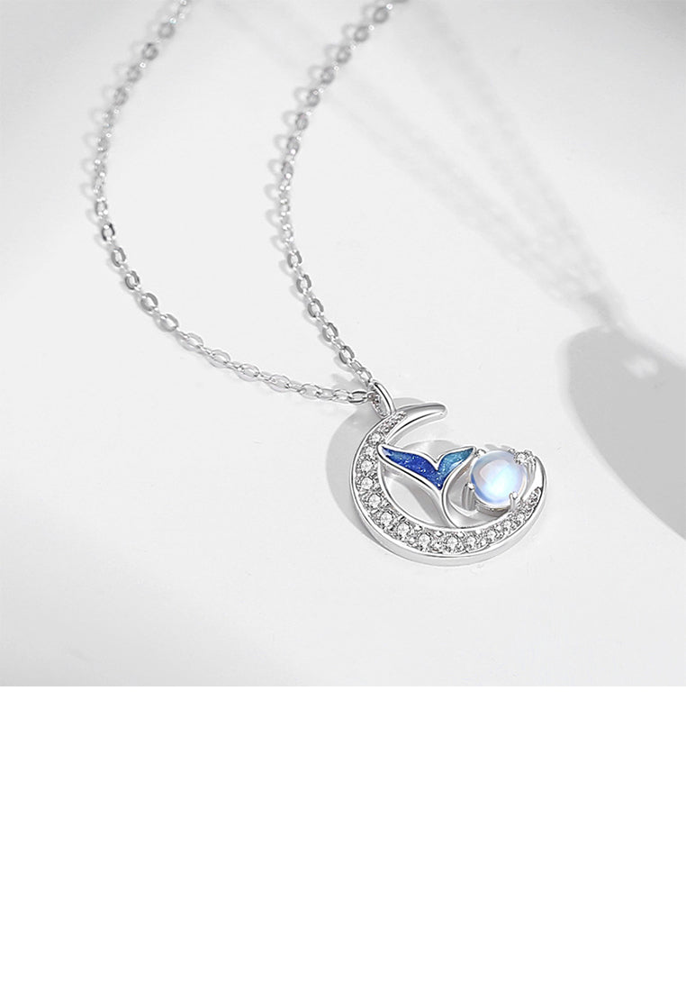 925 Sterling Silver Fashion Romantic Enamel Fishtail Moon Moonstone Couple Pendant with Cubic Zirconia and Necklace For Women - Luxurious Look