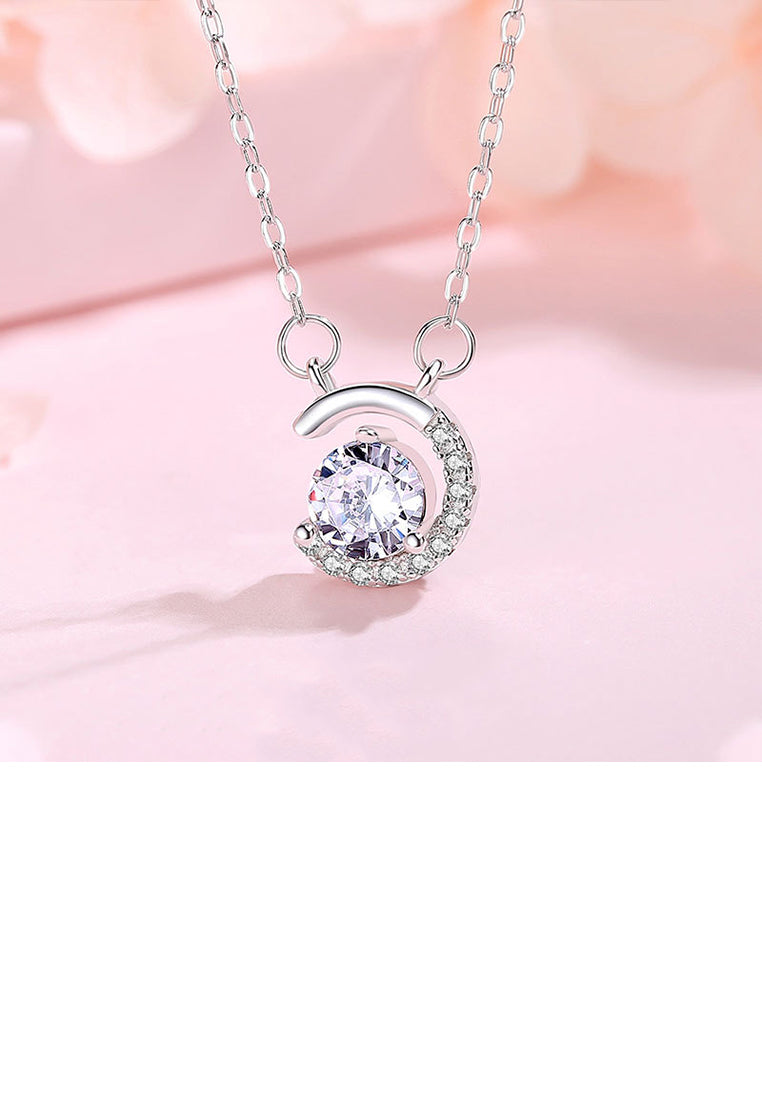 925 Sterling Silver Fashion Temperament Moon Pendant with Cubic Zirconia and Necklace - Luxurious Look